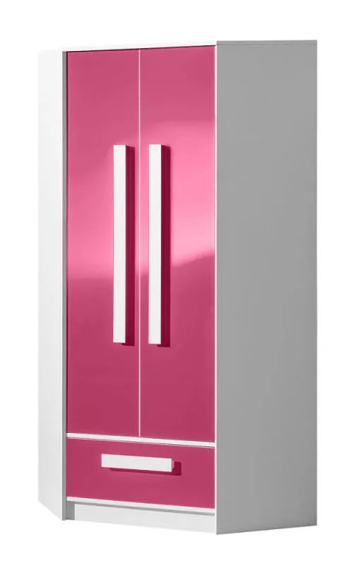 Kinderzimmer - Drehtürenschrank / Eckkleiderschrank Walter 02, Farbe: Weiß / Rosa Hochglanz - 191 x 87 x 87 cm (H x B x T)
