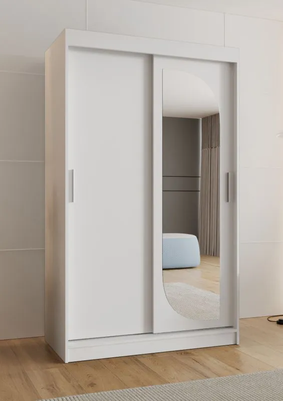 Kleiderschrank mit fünf Fächer Signalkuppe 06, Farbe: Weiß, 1,2 Meter breit, eine Spiegeltür, zwei Kleiderstangen, Schiebetürenschrank