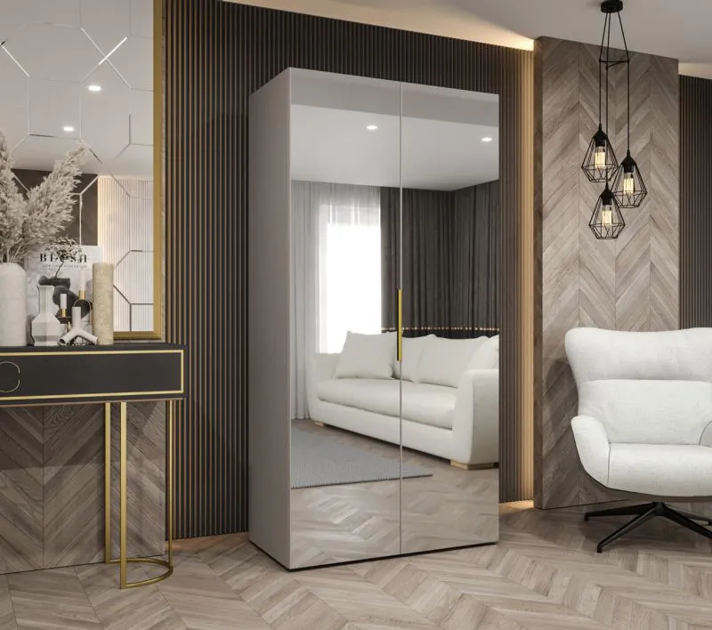 Kleiderschrank mit zwei Spiegeltüren Korab 121, Farbe: Kaschmir, 1 Meter breit, Griffe: Gold, eine Kleiderstange, ein Fach, Soft-Close-Funktion