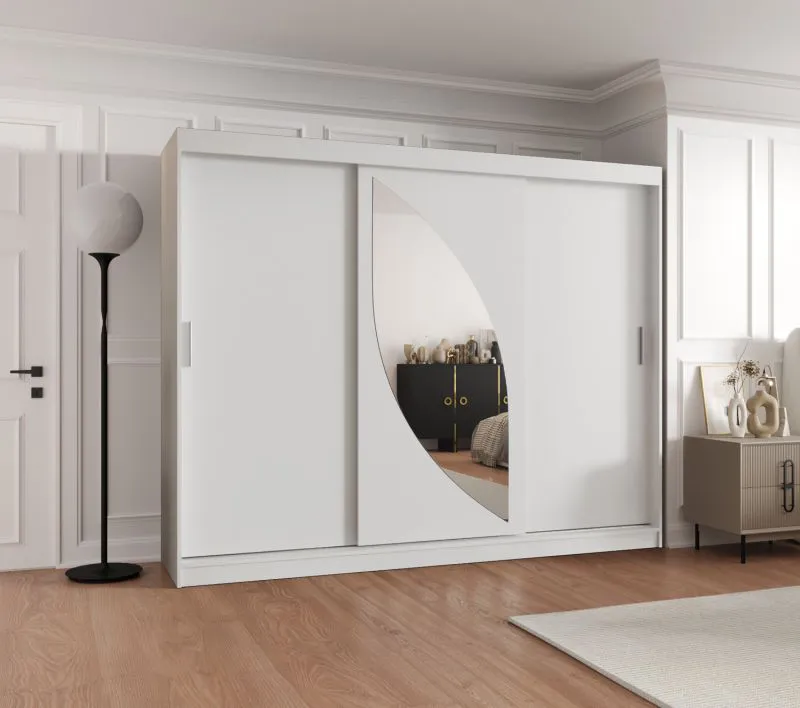 Kleiderschrank Jorasses 22, Farbe: Weiß, zwei Spiegeltüren, 2,5 Meter breit, Schiebetürenschrank, Aluminiumschienen, 10 Fächer, zwei Kleiderstangen