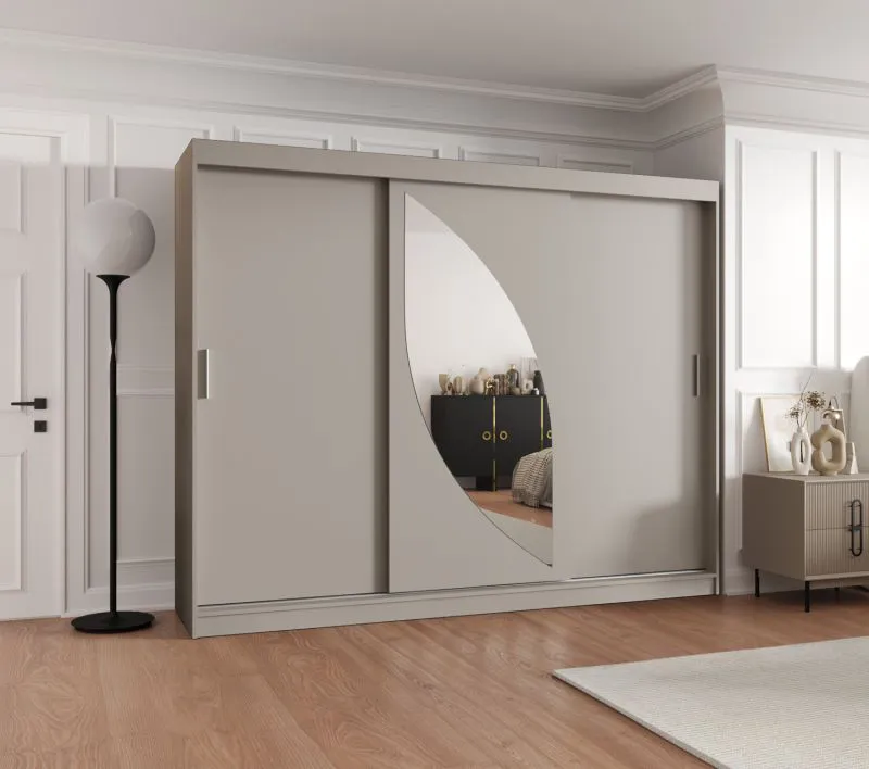 Kleiderschrank / Schiebetürenschrank Jorasses 24, Farbe: Kaschmir, Aluminiumschienen, 10 Fächer, 2,5 Meter breit, zwei Spiegeltüren, zwei Kleiderstangen