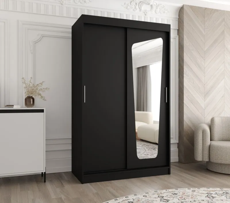 Schiebetürenschrank / Kleiderschrank Aletschhorn 07, Farbe: Schwarz, fünf Fächer, eine Spiegeltür, 1,2 Meter breit, zwei Kleiderstangen, Aluminiumschienen