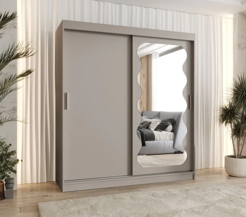 Kleiderschrank / Schiebetürenschrank Bernina 16, Farbe: Kaschmir, Aluminiumschienen, 1,8 Meter breit, eine Tür mit Spiegel, zwei Kleiderstangen, 10 Fächer