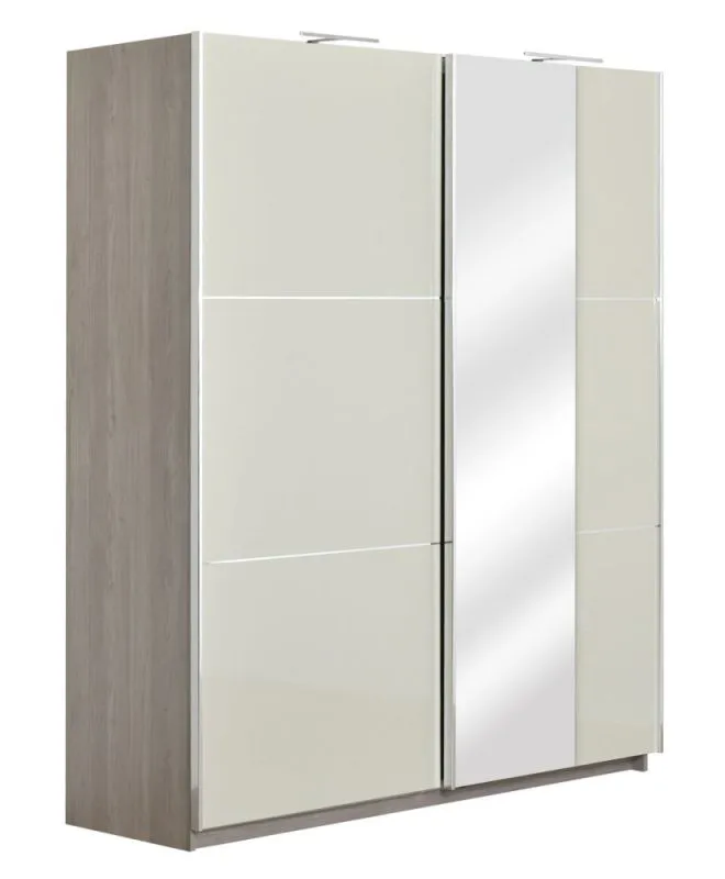 Schiebetürenschrank / Kleiderschrank Sabadell 10, Farbe: Eiche / Beige Hochglanz - 222 x 179 x 64 cm (H x B x T)