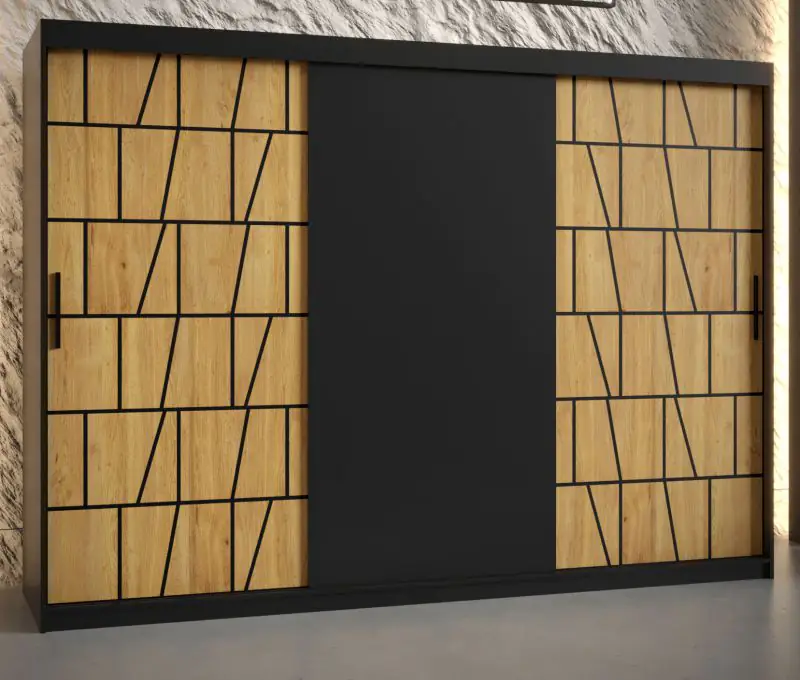 Großer Kleiderschrank mit genügend Stauraum Olperer 06, Farbe: Schwarz matt - Abmessungen: 200 x 250 x 62 cm (H x B x T), mit modernen Muster