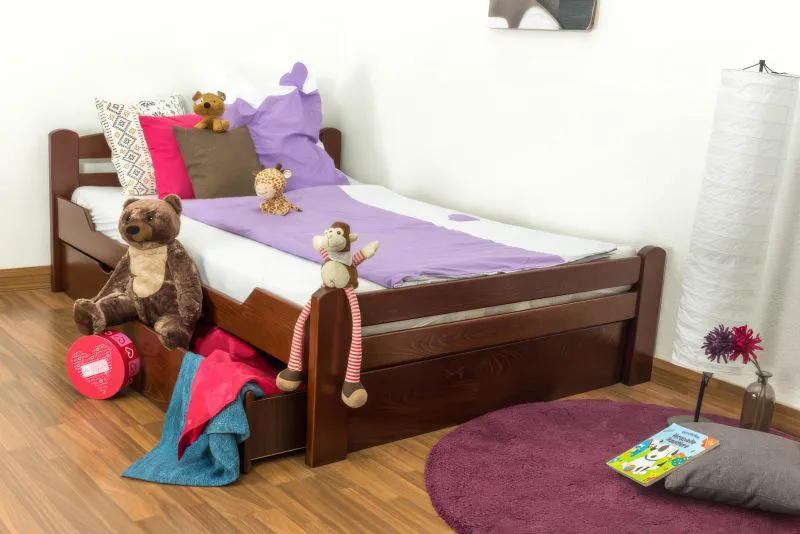 Jugendbett "Easy Premium Line" K4, inkl. 2 Schubladen und 1 Abdeckblende, 140 x 200 cm Buche Vollholz massiv dunkelbraun lackiert