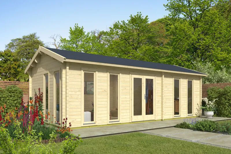 Gartenhaus mit Satteldach, Grundfläche: 32 m², aus nordischen Fichtenholz, 70 mm Blockbohlenhaus, Fenster und Tür aus Isolierglas, Außenmaße: 400 x 800 cm