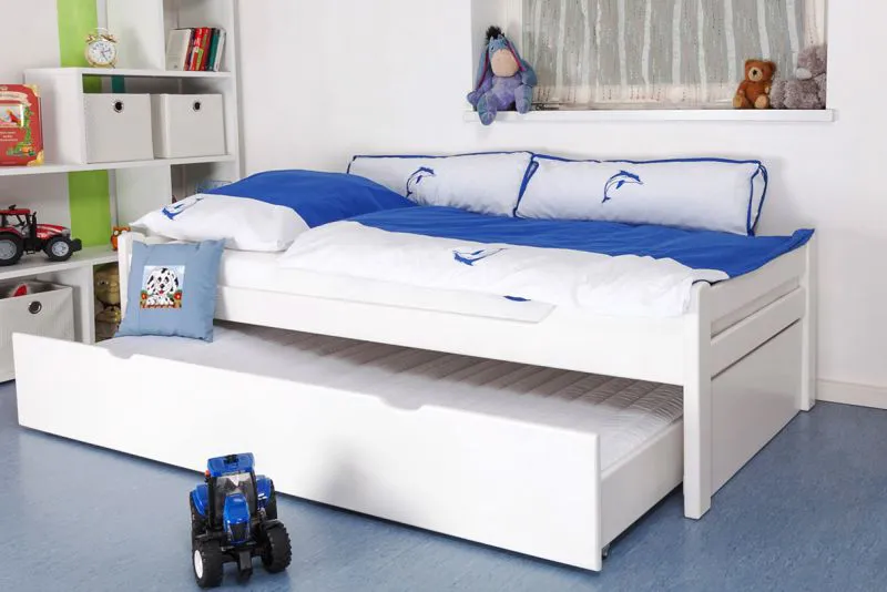 Kinderbett 90 x 200 cm | Massivholz: Buche | Weiß Lackiert | inkl. 2. Liegeplatz 90 x 190 cm ausziehbar und 2 Rollrost Abbildung