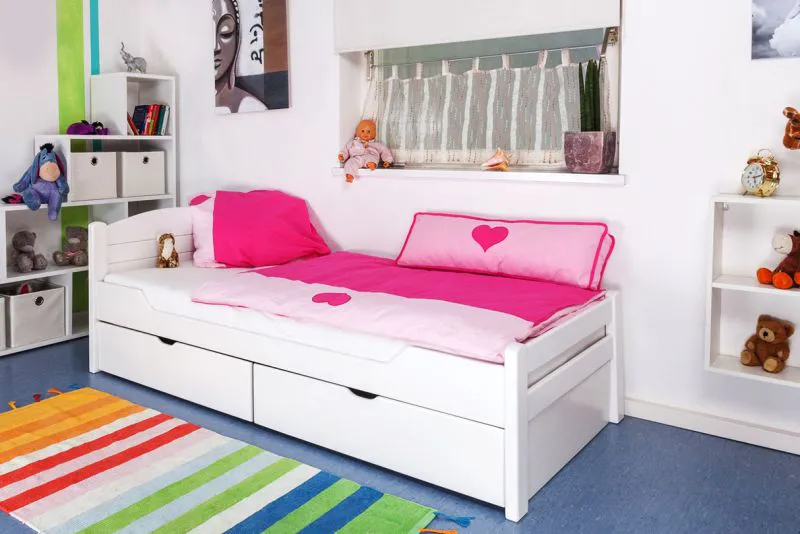 Bettrahmen für Kinder 90 x 200 cm | inkl. Stauraum / 2 Schubladen | Massivholz: Buche | Weiß Lackiert | inkl. Lattenrost Abbildung