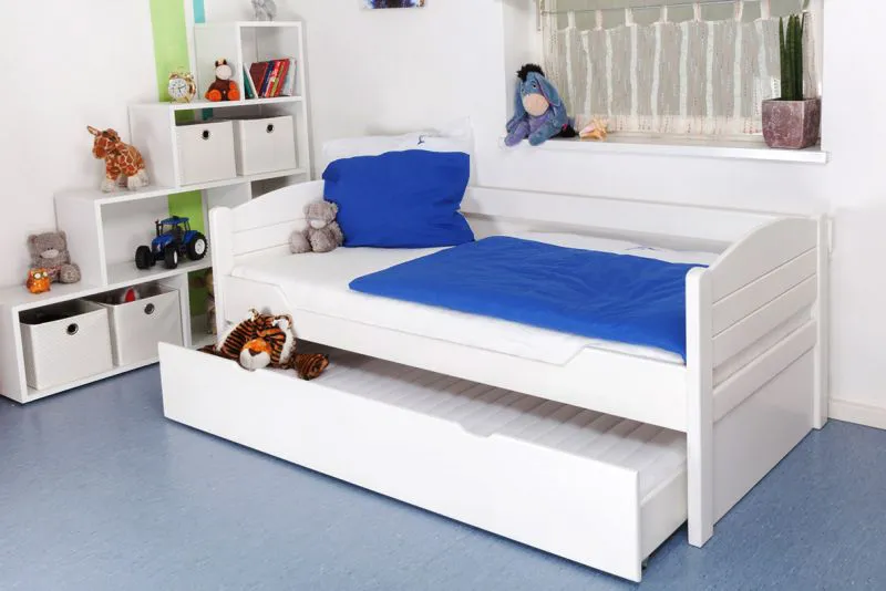 Bettrahmen für Kinder / Kinderbett 90 x 200 cm | Massivholz: Buche | Weiß Lackiert | inkl. 2. Liegeplatz 90 x 190 cm ausziehbar und 2 Rollrost | besonders hohe Qualität Abbildung