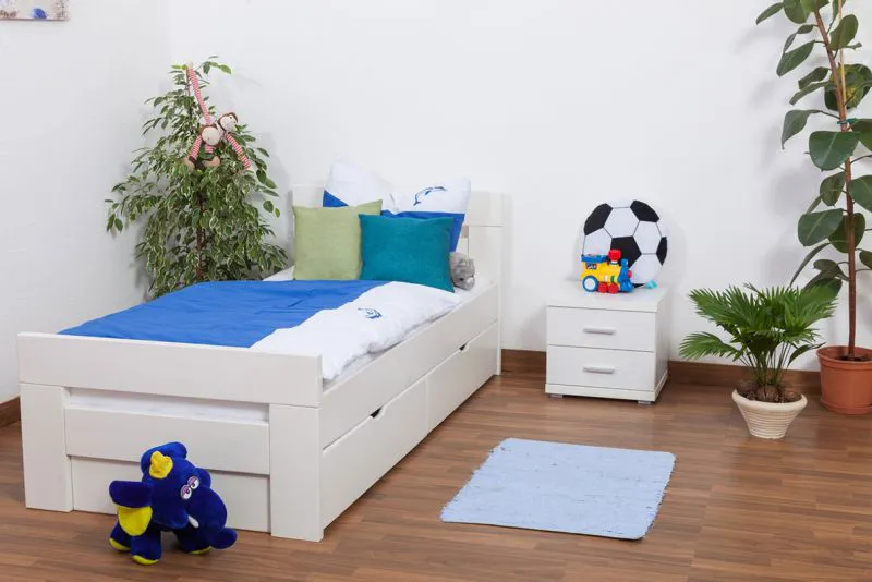 90 x 200 cm Kinderbett | inkl. Stauraum / 2 Schubladen | Massivholz: Buche | Weiß Lackiert | inkl. Lattenrost Abbildung