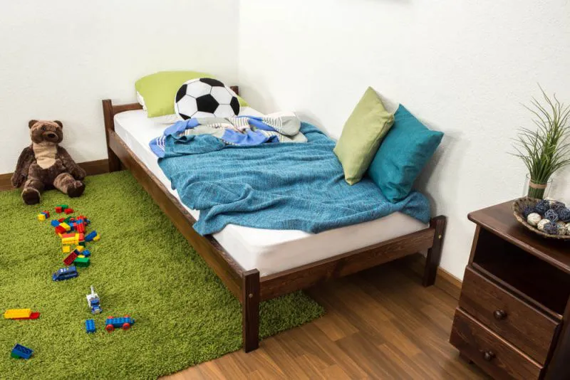 Bettrahmen für Kinder / Kinderbett 90 x 200 cm | Massivholz: Kiefer | Nuss Lackiert | inkl. Rollrost Abbildung