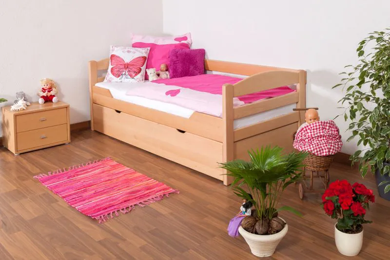 Kinderbett 90 x 200 cm mit Bettkasten als Gästebett oder Stauraum | Massivholz: Buche | Natur Lackiert | inkl. 2. Liegeplatz 90 x 190 cm ausziehbar und 2 Rollrost Abbildung