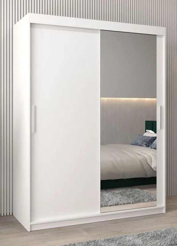 150 cm breiter Schiebetürenschrank mit 2 Türen | 5 Fächer | 2 Kleiderstangen | Farbe: Weiß Abbildung