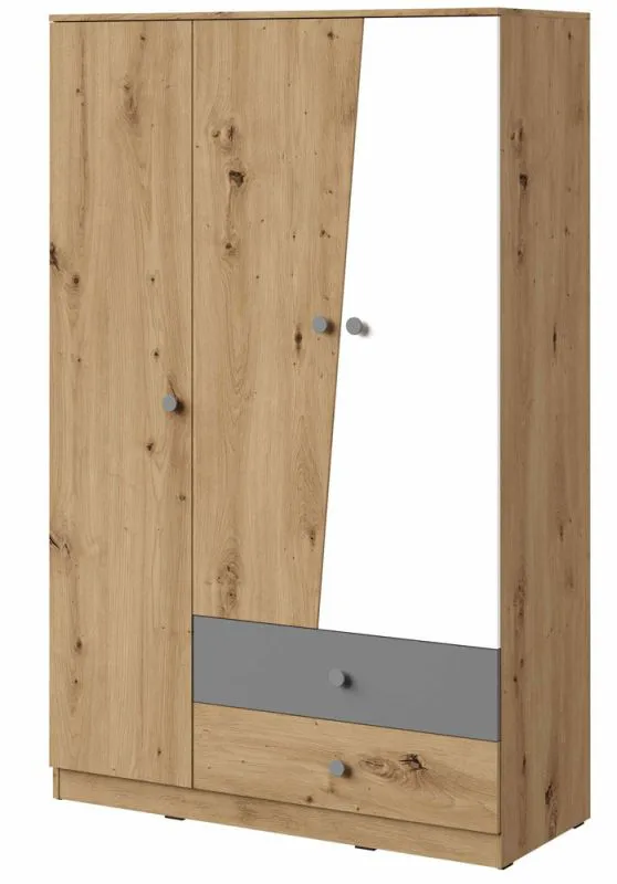 Drehtürenschrank / Kleiderschrank Sirte 03, Farbe: Eiche / Weiß / Grau matt -  Abmessungen: 190 x 120 x 50 cm (H x B x T)
