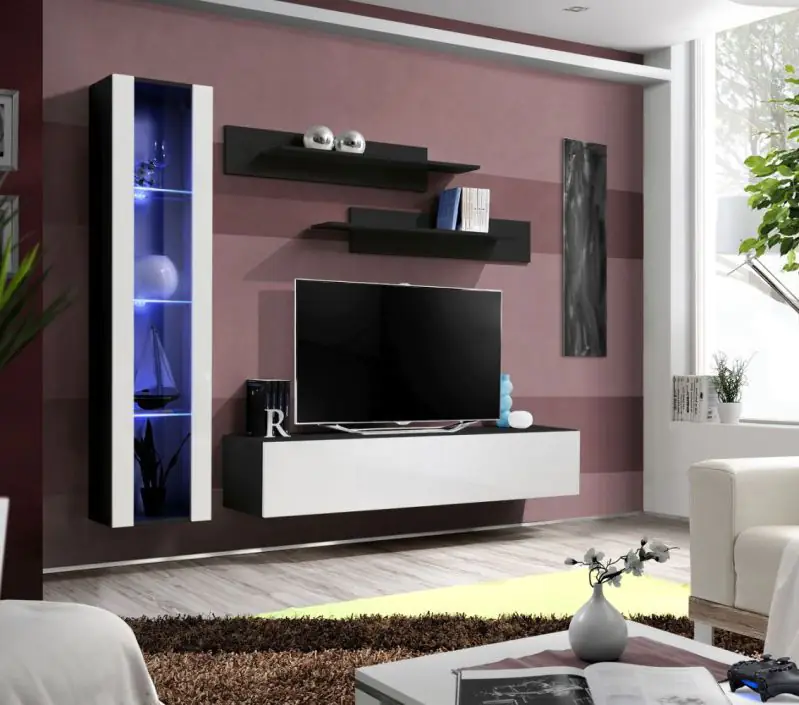 Moderne Wohnzimmerwand Hompland 67, Farbe: Schwarz / Weiß - Abmessungen: 170 x 210 x 40 cm (H x B x T), mit blauer LED-Beleuchtung