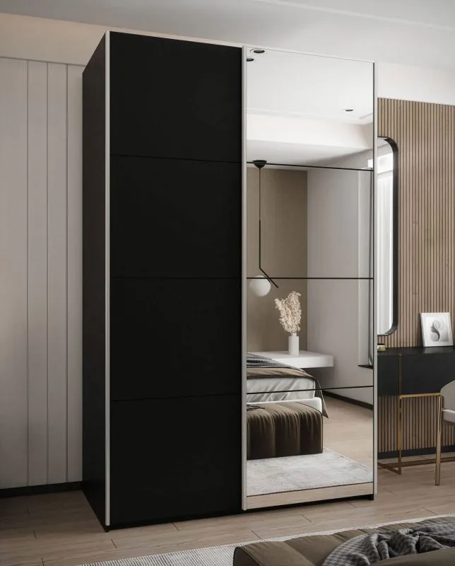 Kleiderschrank / Schiebetürenschrank | Farbe: Schwarz | Soft-Close | 2 Kleiderstangen | 11 Fächer | 2 Schiebetüren | Spiegel | 245,5 x 160 x 64 cm