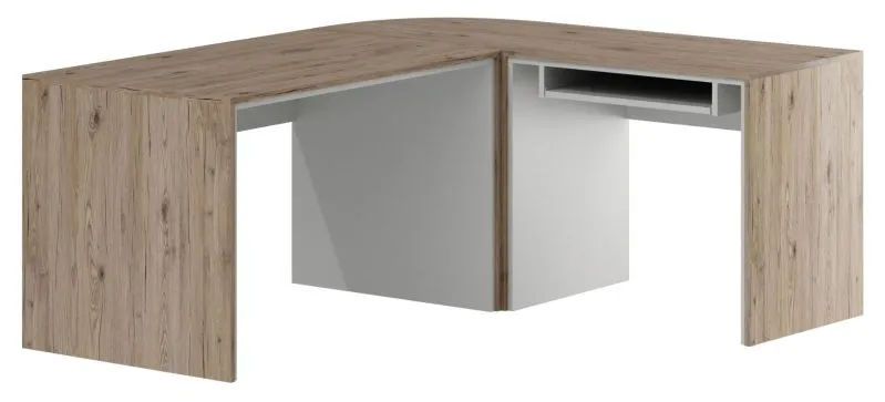 Schreibtisch / Eckschreibtisch Cianjur 03, Tastaturfach rechts, Farbe: Eiche / Weiß - Abmessungen: 77 x 160 x 180 cm (H x B x T)