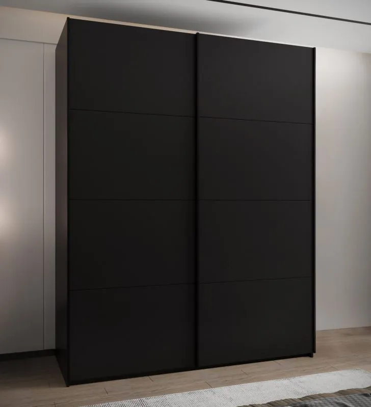 Kleiderschrank / Schiebetürenschrank | 2 Kleiderstangen | 245,5 x 200 x 64 cm | 2 Schiebetüren | 11 Fächer | 10 Einlegeböden | Farbe: Schwarz | Soft-Close