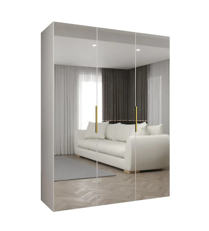 Kleiderschrank / Drehtürenschrank mit 1,5 Meter breite Korab 126, Farbe: Weiß, Soft-Close-Funktion, Griffe: Gold, zwei Fächer, zwei Kleiderstangen