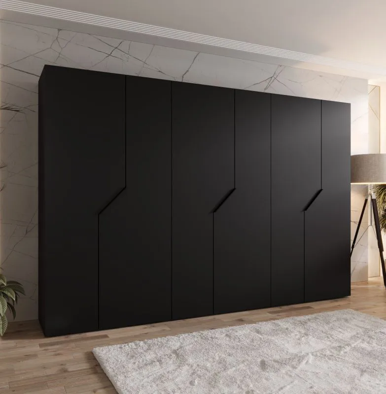 Drehtürenschrank | Farbe: Schwarz | 6 Türen | 3 Kleiderstangen | ABS-Kanten | Griffe: Schwarz | Maße: 300 x 52 x 202 cm | Soft-Close-Funktion | 3 Fächer