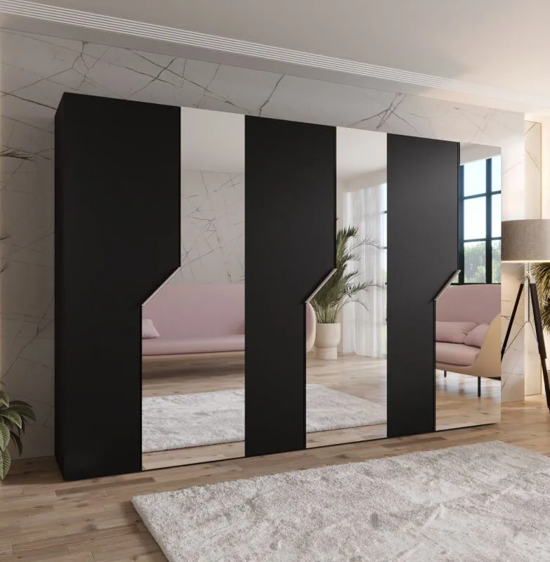 Drehtürenschrank | 3 Spiegeltüren | Farbe: Schwarz | 3 Fächer | 3 Kleiderstangen | Soft-Close-Funktion | Griffe: Kaschmir | Maße: 300 x 52 x 202 cm | Kleiderschrank | ABS-Kanten