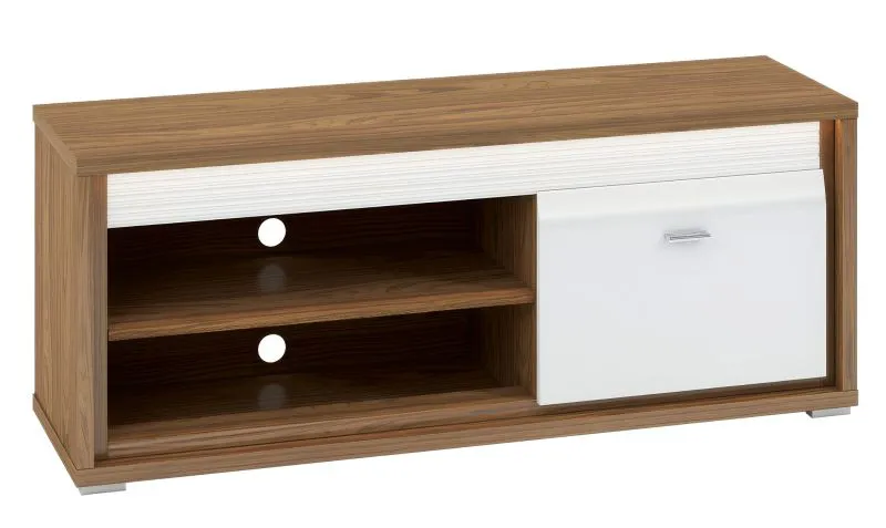 TV-Unterschrank Tempe 10, Farbe: Nussfarben / Weiß Hochglanz, Fronteinsatz: Weiß - Abmessungen: 56 x 138 x 41 cm (H x B x T), mit 1 Tür und 3 Fächern