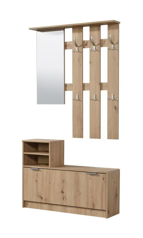 Garderobe mit Schuhschrank Banevo 01, Farbe: Eiche Artisan, Spiegel, sechs Haken, Maße: 191,5 x 100 x 29 cm, eine Ablagefläche, ABS-Kantenschutz