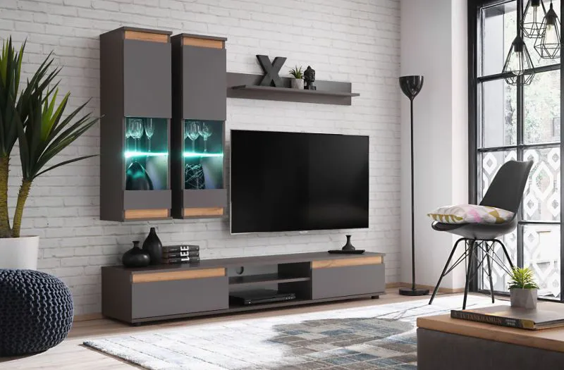 Stylische Wohnwand Bjordal 36, Farbe: Anthrazit / Eiche Wotan - Abmessungen: 150 x 175 x 37 cm (H x B x T), mit LED-Beleuchtung