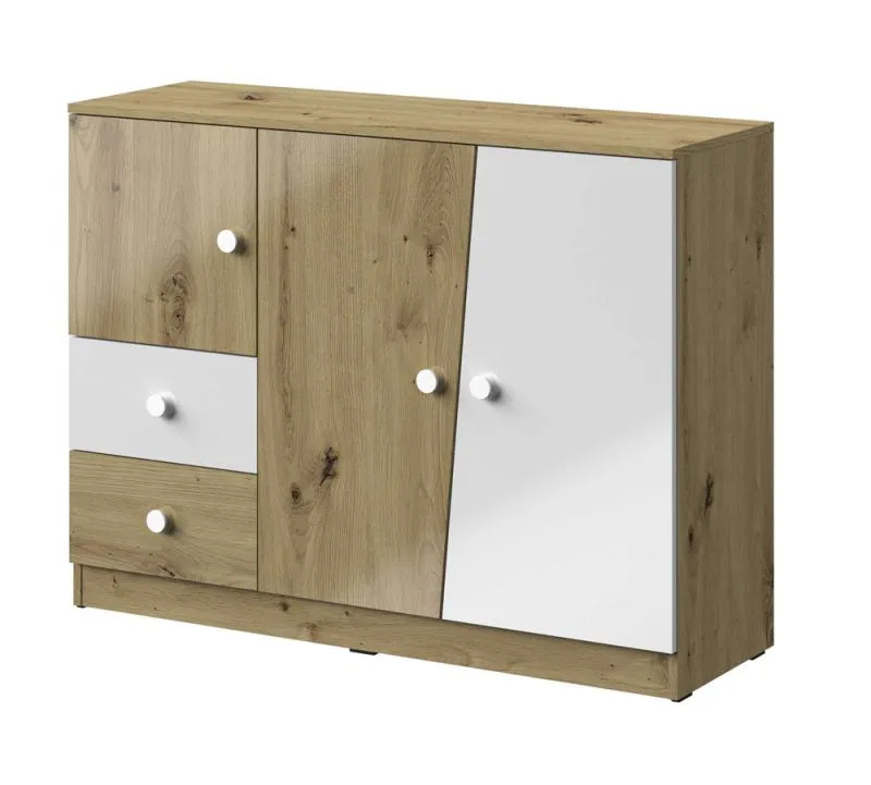 Kommode Sirte 07, Farbe: Eiche / Weiß Hochglanz - Abmessungen: 90 x 120 x 40 cm (H x B x T)