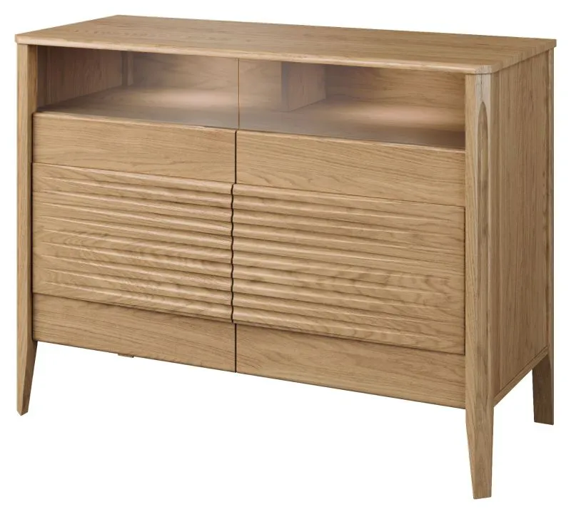 Kleine Kommode mit LED-Beleuchtung Gorica 10, in Eiche Gold, 85 x 111 x 50 cm, Soft Close System, teilmassiv, Antisol-Glas Bronze