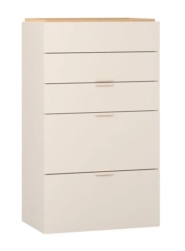 Kommode | Farbe: Beige | Griffe: Beige | 5 Schubladen | Soft-Close-Funktion | Maße: 75 x 42 x 127,5 cm | asymmetrische Schubladen | kratzfest