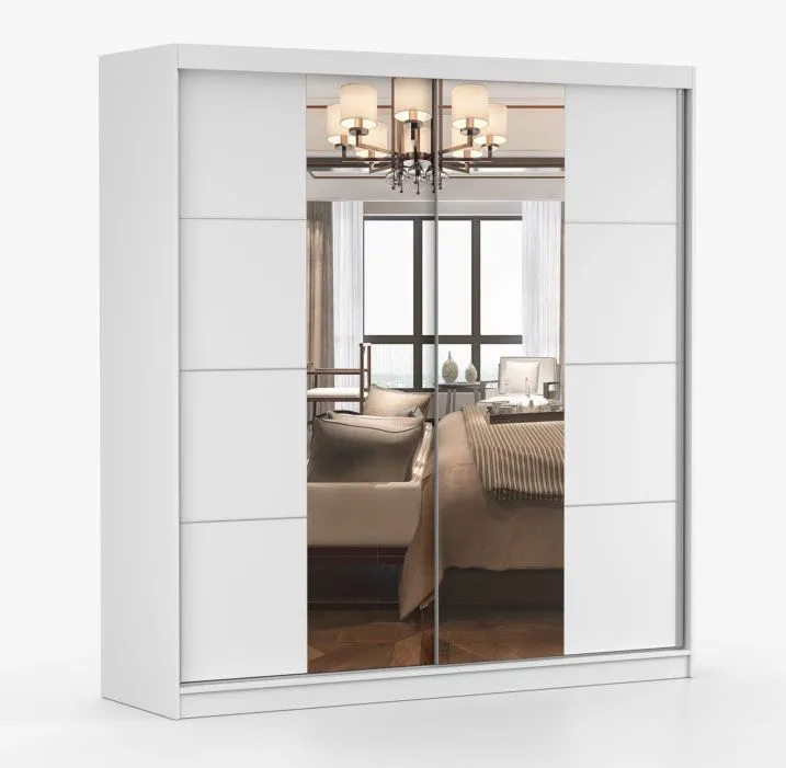 Schiebetürenschrank / Kleiderschrank | mit Spiegel | 218 x 203 x 61 cm | Weiß | Sredna 05 | 2 Türen | 3 Schubladen | 7 Fächer | 2 Kleiderstangen