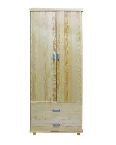 Kleiderschrank | 2 Drehtüren | 2 Schubladen | 1 Fach | mit Kleiderstange | 80 cm breit | Massivholz | Farbe: Natur Abbildung
