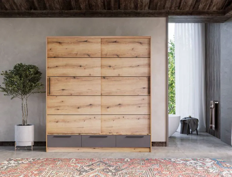 Kleiderschrank | 2 Schiebetüren | 3 Schubladen | 5 Fächer | mit Kleiderstange | 149 cm breit | Farbe: Grau / Eiche Abbildung