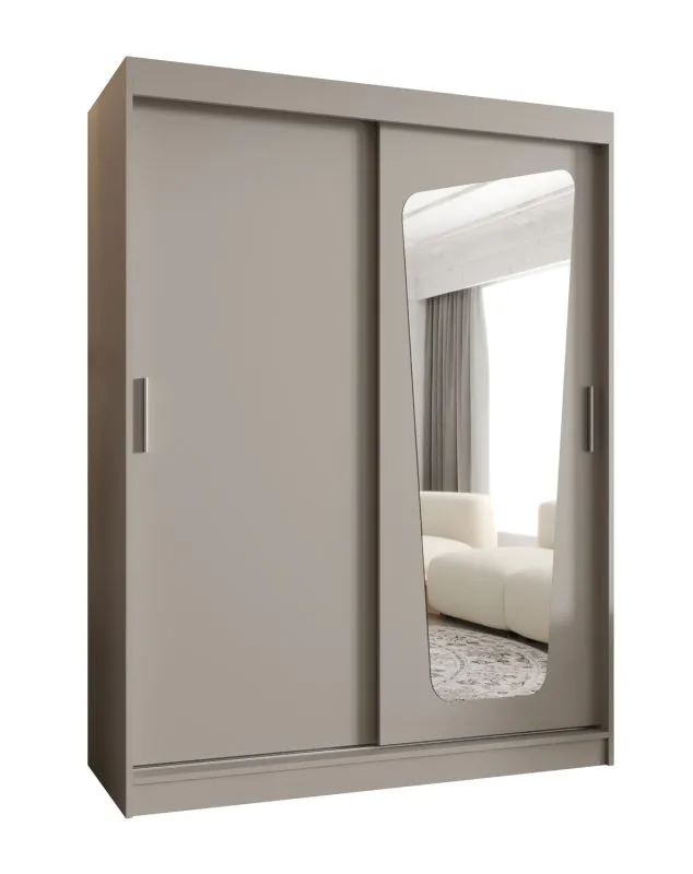Kleiderschrank / Schiebetürenschrank Aletschhorn 12, Farbe: Kaschmir, 1,5 Meter breit, fünf Fächer, eine Spiegeltür, zwei Kleiderstangen, Aluminiumschienen
