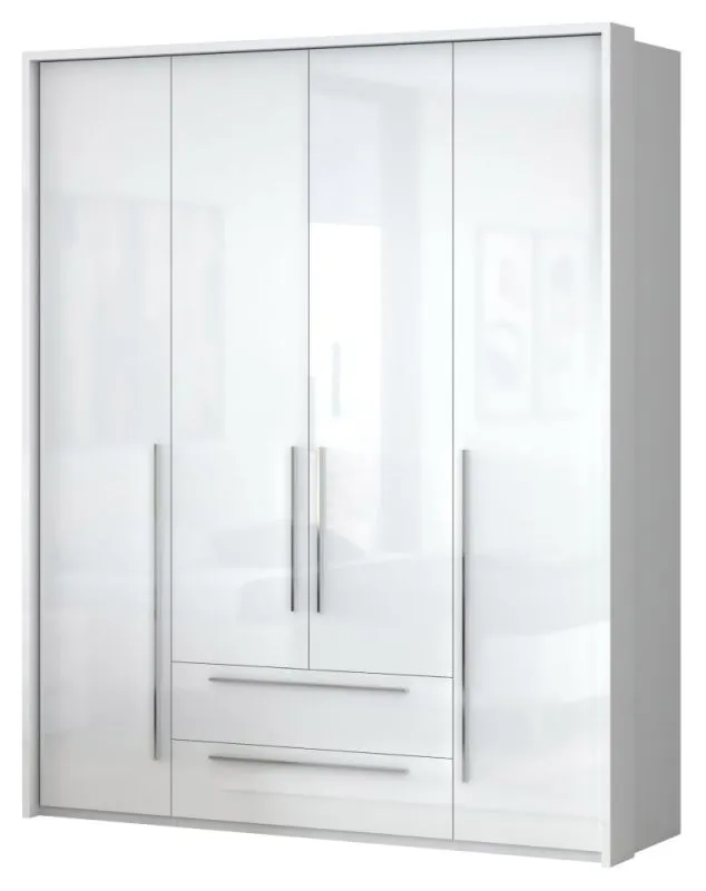 Kleiderschrank | 4 Drehtüren | 2 Schubladen | 7 Fächer | mit 3 Kleiderstangen | 187 cm breit | Farbe: Weiß Abbildung