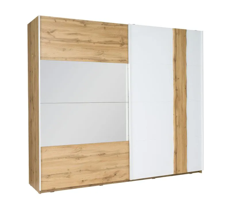 Schiebetürenschrank / Kleiderschrank Gavdos 02, Farbe: Eiche / Weiß Hochglanz - Abmessungen: 218 x 250 x 67 cm (H x B x T)