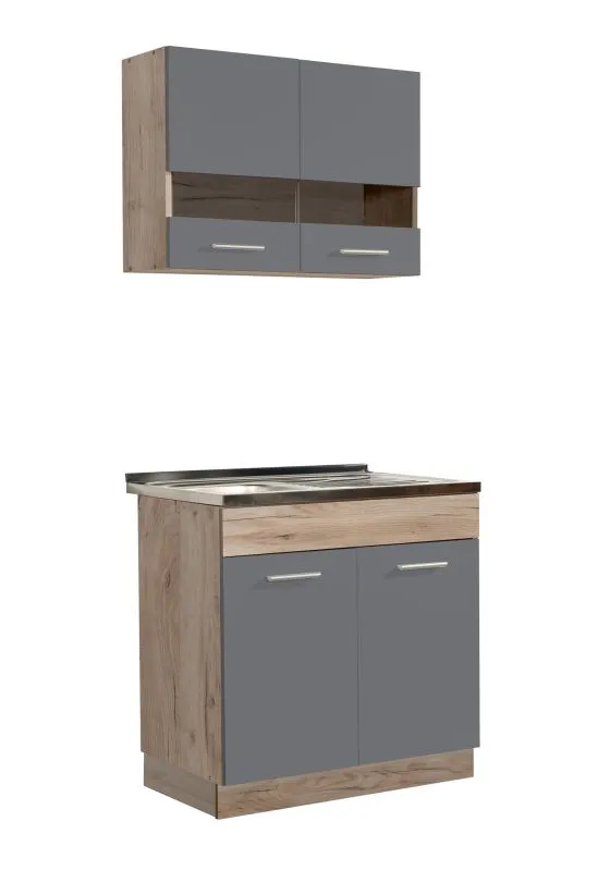 Küchenzeile / Küchenblock schmal Kolubara 04, Eiche Grau / Graphit, doppelflügelige Hängeschränke, ABS-Kanten, modern, 80 cm breit