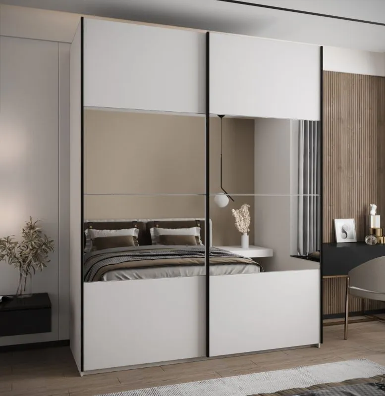 Kleiderschrank / Schiebetürenschrank | Farbe: Weiß | 245,5 x 190 x 64 cm | 11 Fächer | 2 Schiebetüren | 2 Kleiderstangen | Spiegel | Soft-Close-Funktion