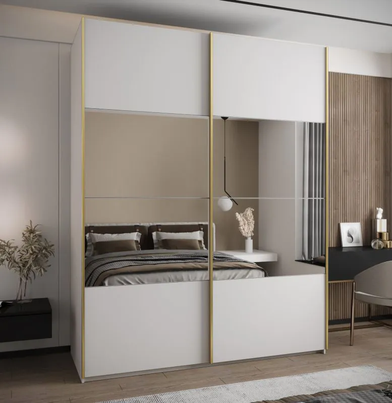 Kleiderschrank / Schiebetürenschrank | Soft-Close-Funktion | 245,5 x 200 x 64 cm | Spiegel | 11 Fächer | Farbe: Weiß | 2 Kleiderstangen | 2 Schiebetüren