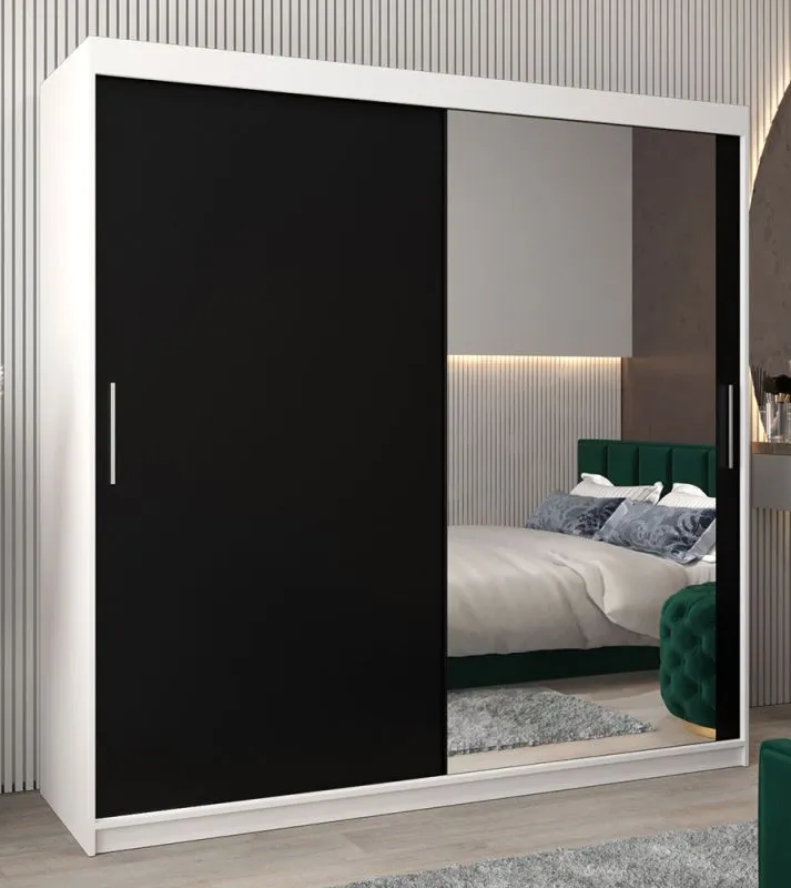 200 cm breiter Kleiderschrank mit 10 Fächern und 2 Türen | Farbe: Weiß / Schwarz Abbildung
