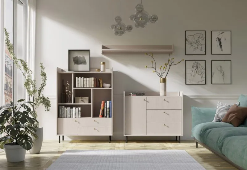 Wohnzimmer Set | 3-teilig | Farbe: Beige mit Holzstruktur | 1 Wandregal | 1 Kommode | 1 Kommode mit offenen Fächer | schlichtes und stilvolles Design