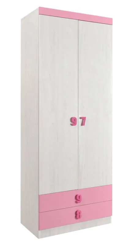 Kinderzimmer - Drehtürenschrank / Kleiderschrank Luis 19, Farbe: Eiche Weiß / Rosa - 218 x 80 x 52 cm (H x B x T)