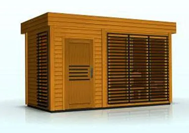 Gartensauna / Outdoor-Sauna 40 mm | mit großen Fenstern - bodentief | für bis zu 8 Personen | 4 x 2 Meter | großzügiger Vorraum | Farbe: Eiche / Anthrazit Abbildung