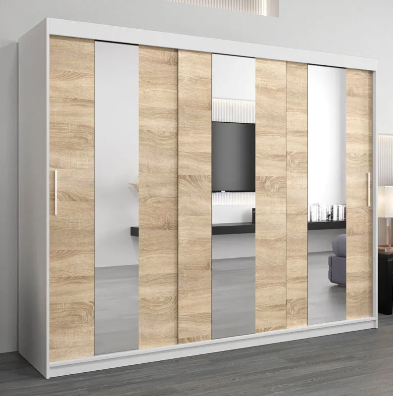 Großer 250 cm breiter Kleiderschrank mit 3 Türen | 10 Fächer | Farbe: Sonoma Eiche / Weiß Abbildung