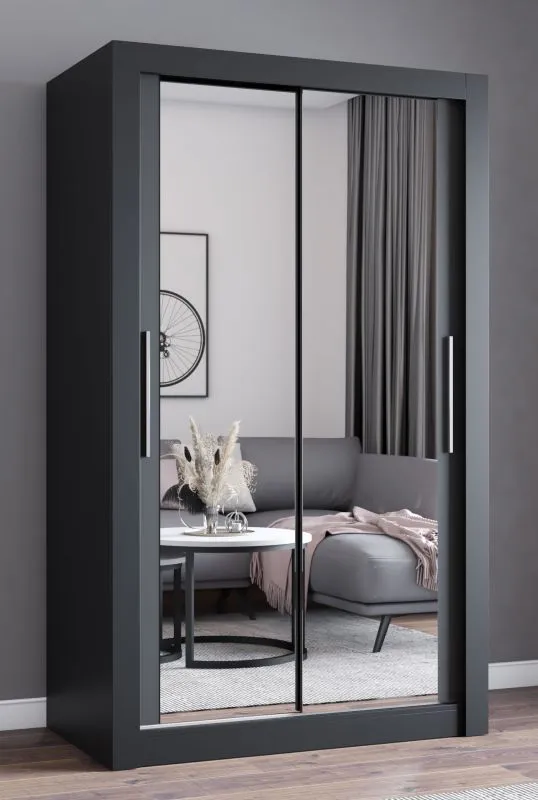 1,2 Meter breiter Schiebetürenschrank / Kleiderschrank mit Spiegel Schwarz | Biokovo 08 | 215 x 120 x 64 cm | 2 Türen | 7 Fächer |  Einfarbig
