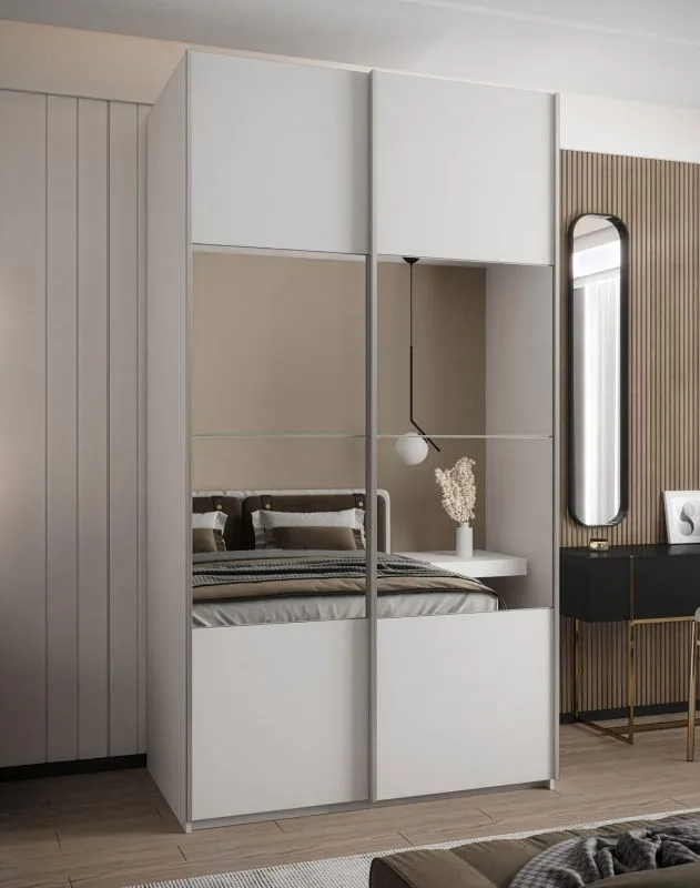 Kleiderschrank / Schiebetürenschrank | Spiegel | 6 Fächer | 2 Schiebetüren | 245,5 x 140 x 64 cm | 2 Kleiderstangen | Soft-Close-Funktion | Farbe: Weiß