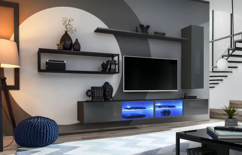 Wohnzimmerwand im eleganten Design Valand 15, Farbe: Grau - Abmessungen: 170 x 300 x 40 cm (H x B x T), mit blauer LED-Beleuchtung