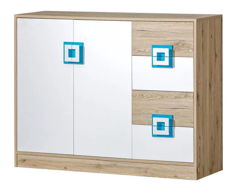 Kinderzimmer - Kommode Fabian 08, Farbe: Eiche Hellbraun / Weiß / Blau - 93 x 120 x 40 cm (H x B x T)